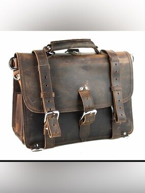 Vagarant Traveler Brown Leather Men's Briefcase with Silver Buckles